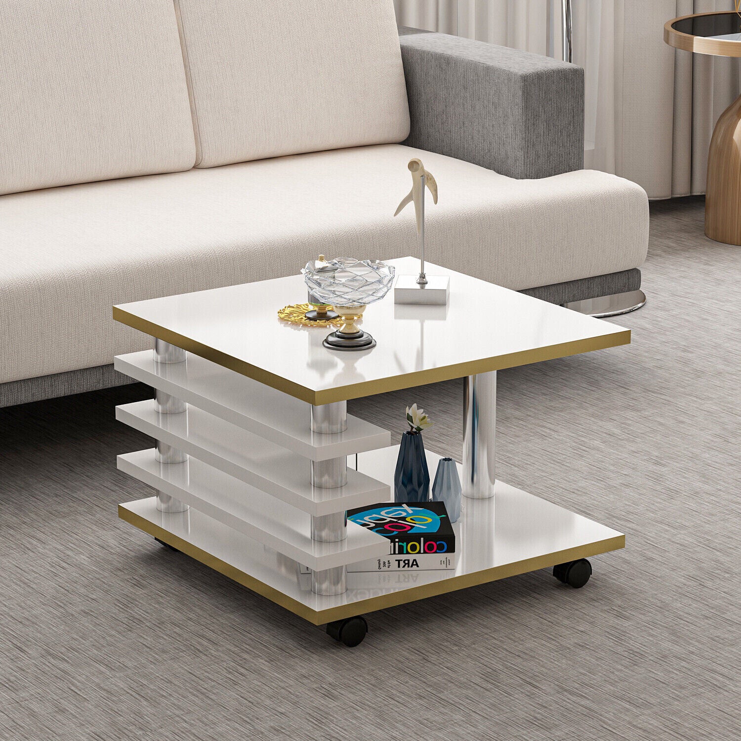 Couchtisch 65 x 65 cm Wohnzimmer Tisch Weiß / Gold Baarn Tische Beistelltisch 1