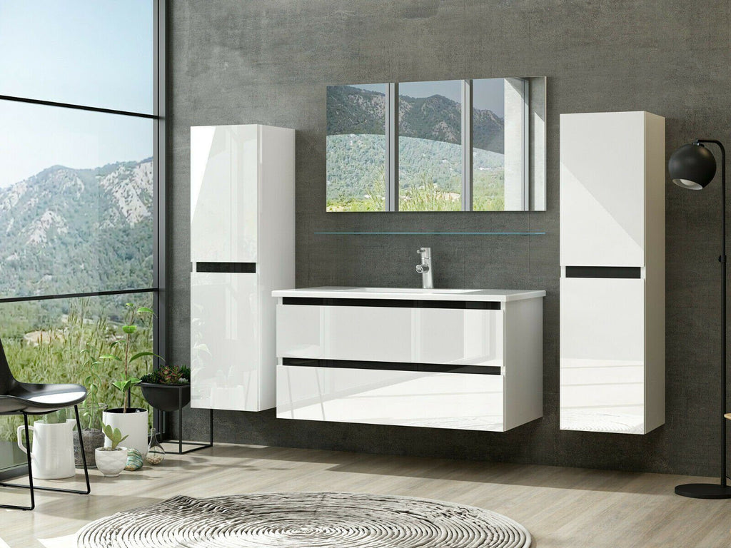 Badmöbel Set Weiss Hochglanz Badezimmermöbel  soft Closing System 6 teilig 60cm