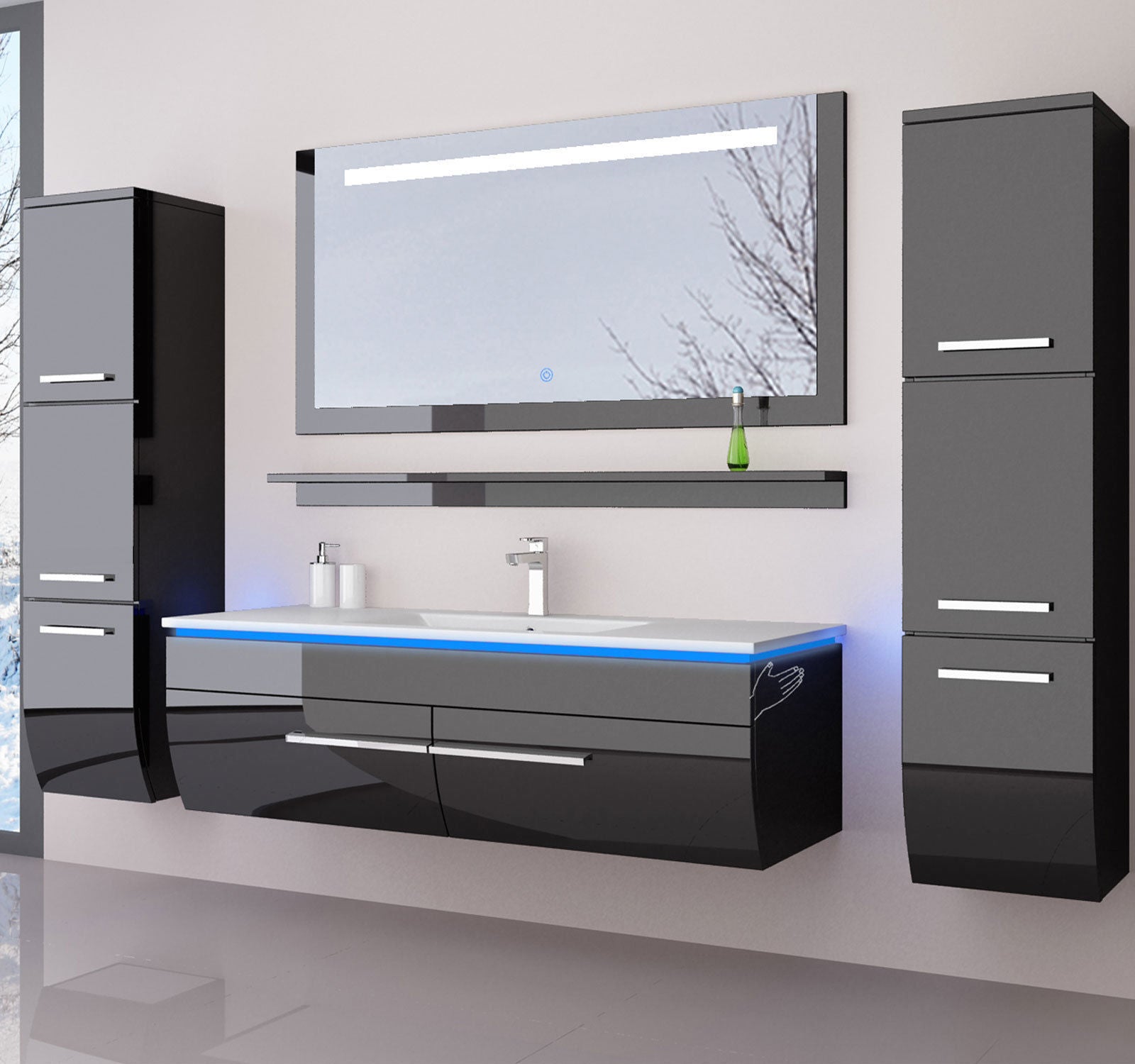 120 cm Badmöbel Set Schwarz Weiss Hochglanz LED Badezimmermöbel Komplett Bad 120
