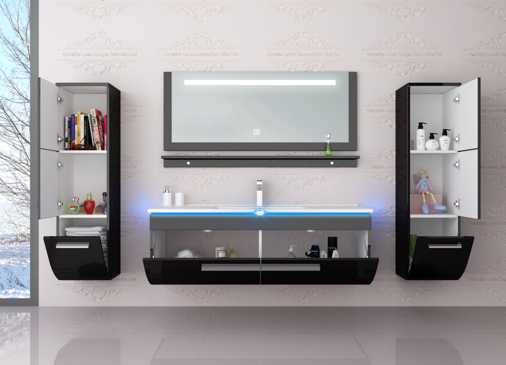 Badmöbel set hochglanz Schwarz Badmöbel Set montiert Touch Led System 120 cm Bad