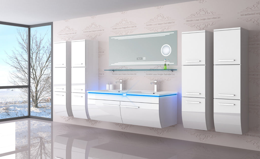 Doppelwaschtisch Doppelwaschbecken Waschbecken 240 cm Weiß LED  Badmöbel Set 120