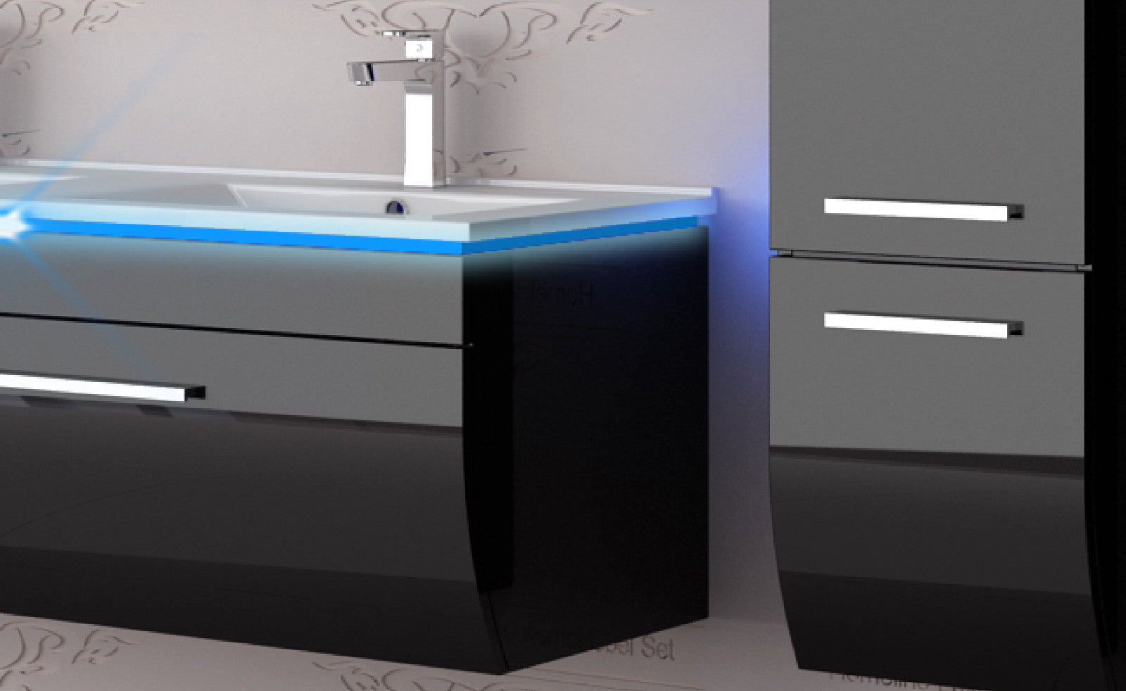 Schwarz Doppelwaschtisch 240 cm Hochglanz Doppel Waschbecken Badmöbel Set Led SY