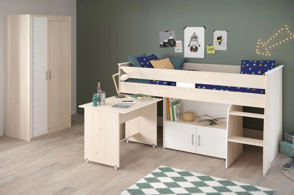 "Charly5"in Akazie und weiß Kleiderschrank und Hochbett mit Schreibtisch