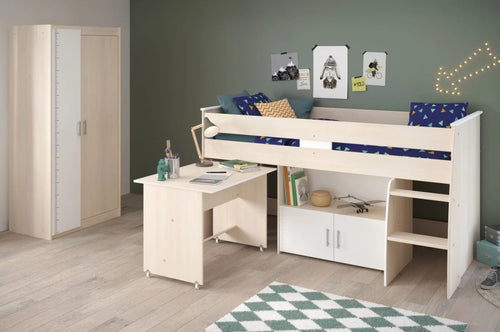 "Charly5"in Akazie und weiß Kleiderschrank und Hochbett mit Schreibtisch