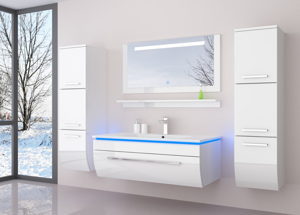 Badmöbel Set montiert Weiss oder Schwarz Hochglanz Badezimmermöbel 6tlg LED 90cm