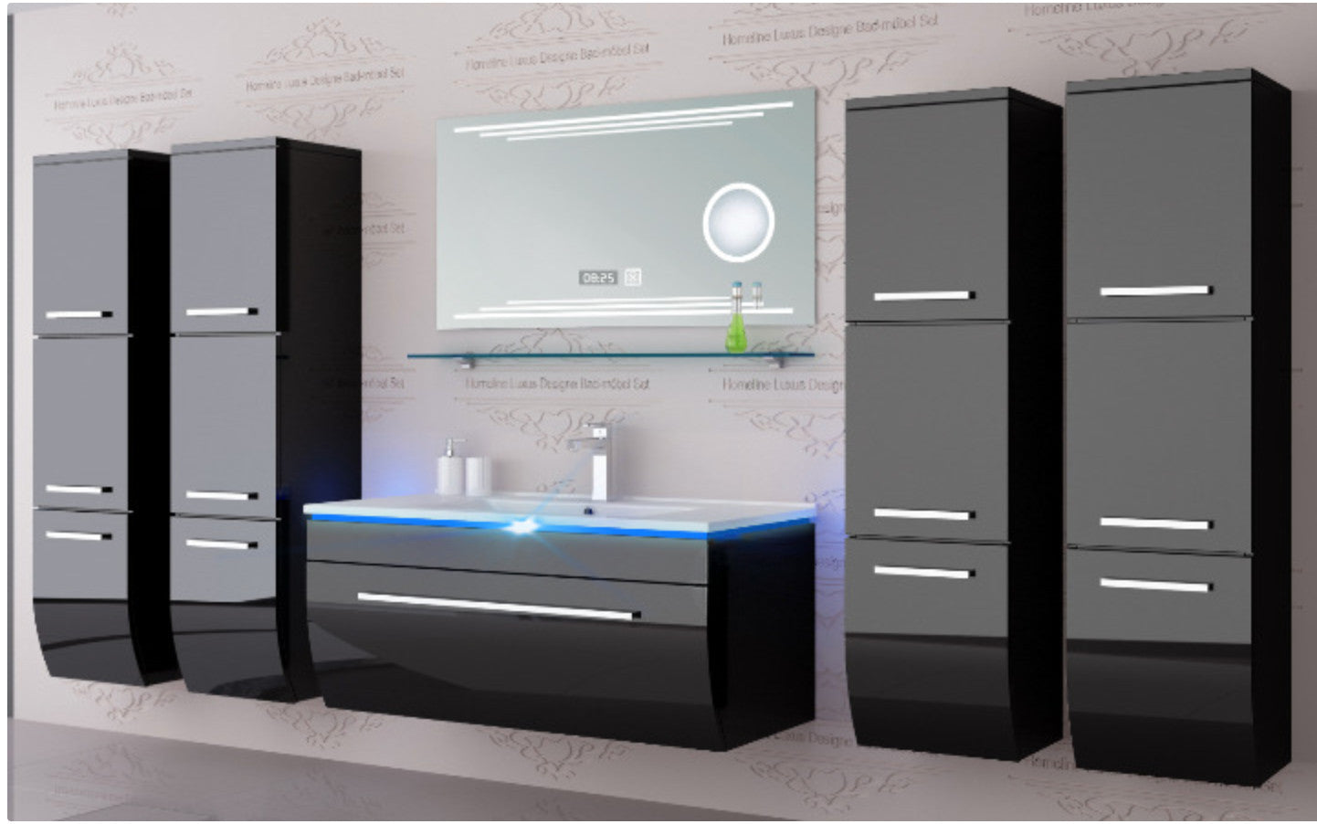 Badmöbel Set Badezimmer Schrank Waschbecken Spiegel Schwarz LED  Badmöbel Set