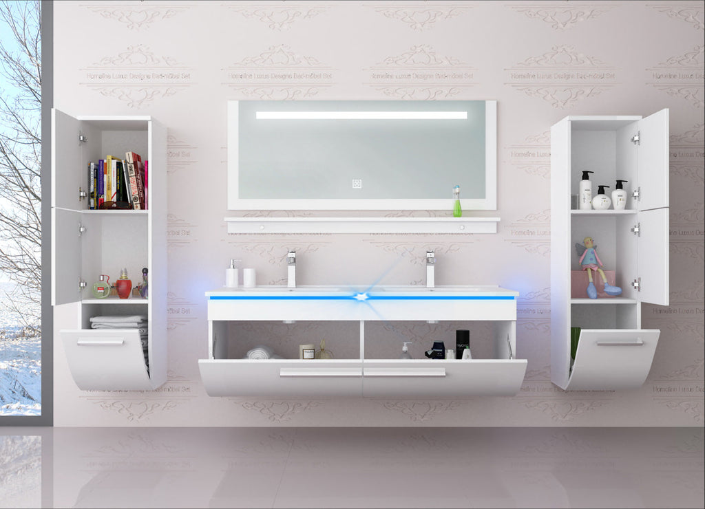 Badmöbel set hochglanz Weiß Doppelwaschtisch montiert   Touch Led System 120 cm
