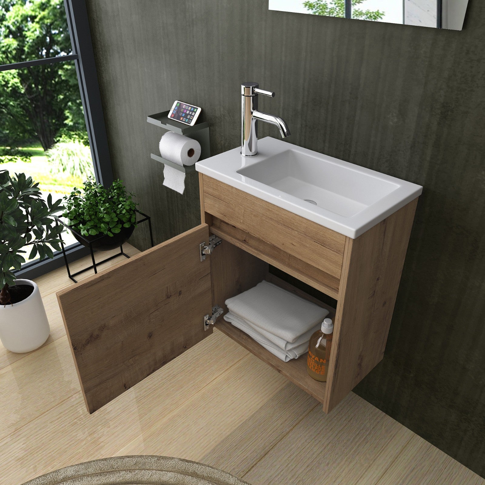Badmöbel Set 46 cm Eiche Badezimmer Möbel Schränke Spiegel Keramik Becken Bad 46