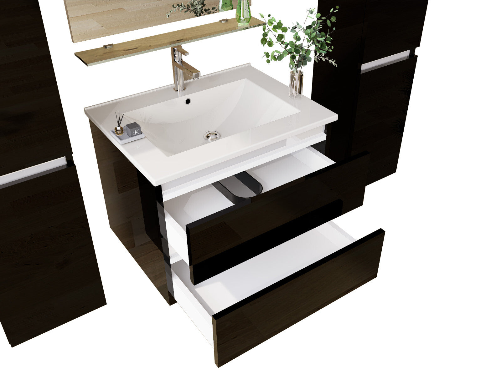 Badmöbel set Hochglanz 6 Tlg Schwarz Soft Close Badezimmer Möbel badmöbel 60 cm