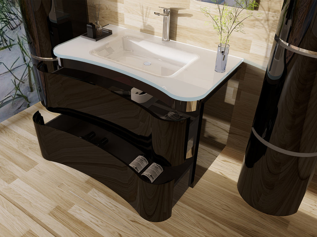 Badmöbel Set Schwarz / Weiss Lackiert Hochglanz Badezimmermöbel 90 cm Badezimmer