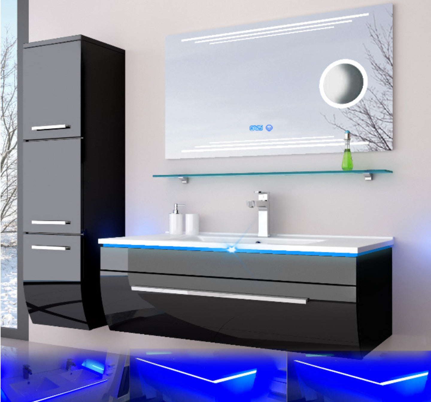 Badmöbel Set 90 cm schwarz oder weiss hochglanz Kosmetik LED Uhr Badezimmermöbel