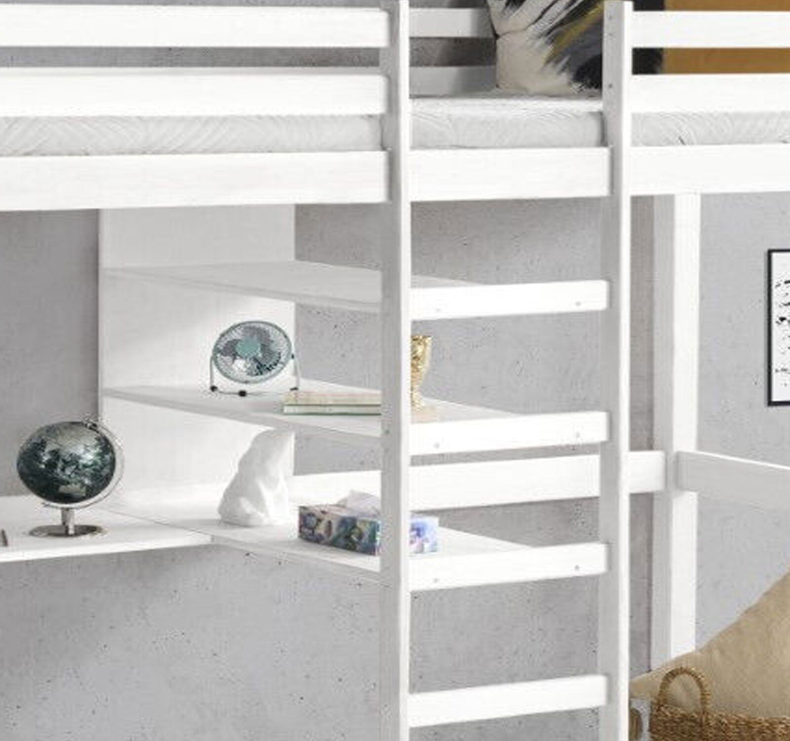 Kinderbett Hochbett mit Tisch Leiter Hochbett Spielbett Massiv Weiss Bett Hippo
