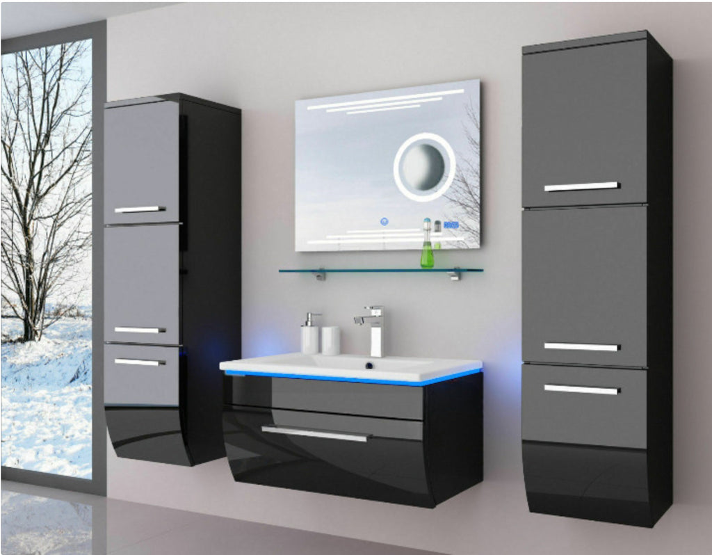 Badmöbel Set Badezimmerset Badmöbel weiß schwarz Hochglanz montiert 70 Kosmetik