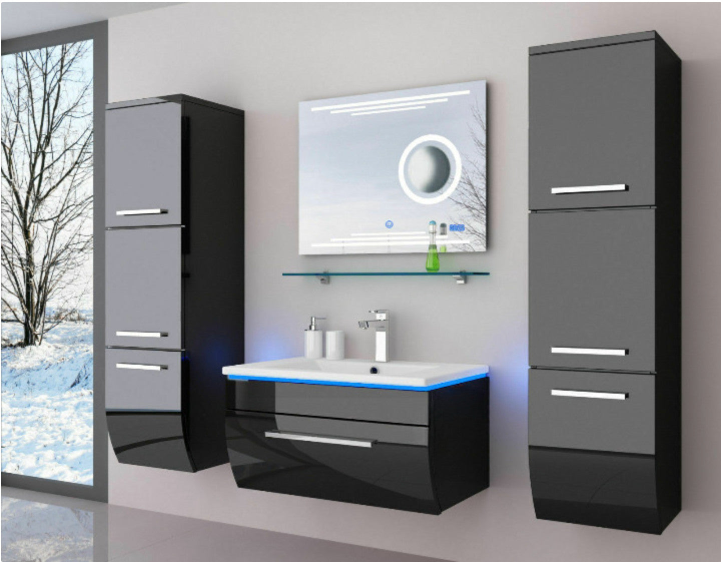 Badmöbel Set Badezimmerset Badmöbel weiß schwarz Hochglanz montiert 70 Kosmetik