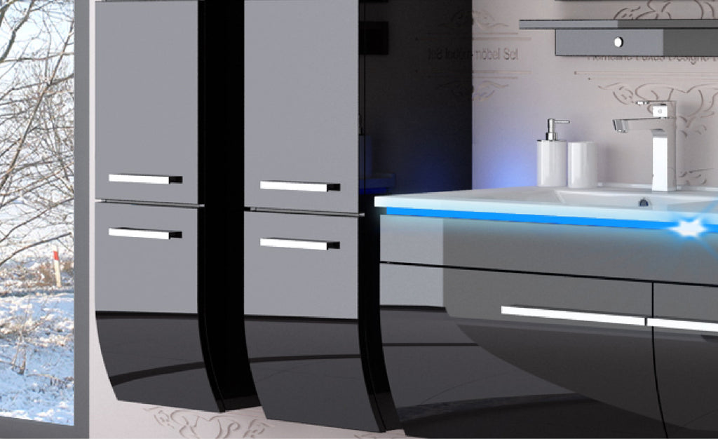 Schwarz Doppelwaschtisch 240 cm Hochglanz Doppel Waschbecken Badmöbel Set Led SY