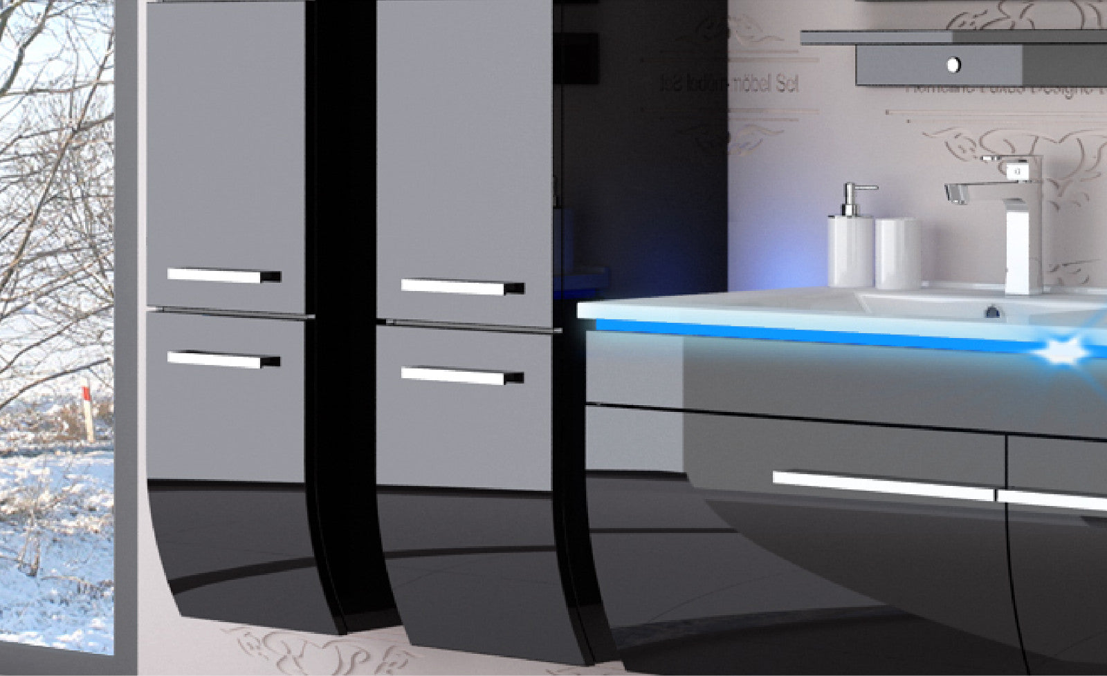 Schwarz Doppelwaschtisch 240 cm Hochglanz Doppel Waschbecken Badmöbel Set Led SY