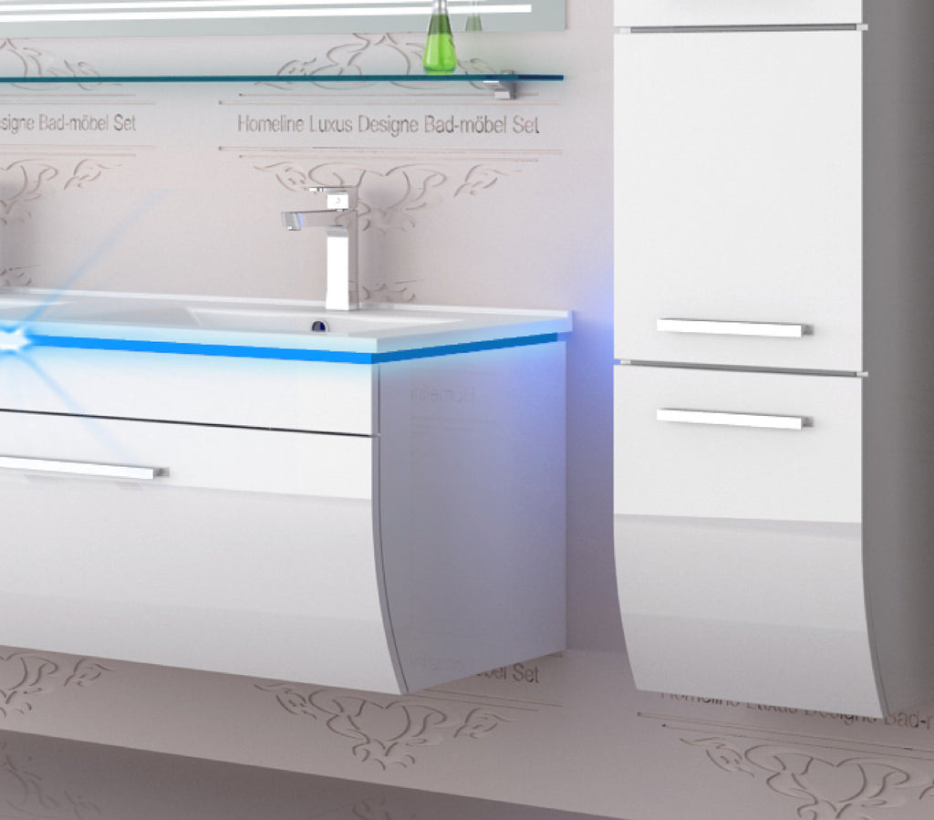 Doppelwaschtisch Doppelwaschbecken Waschbecken 240 cm Weiß LED  Badmöbel Set 120