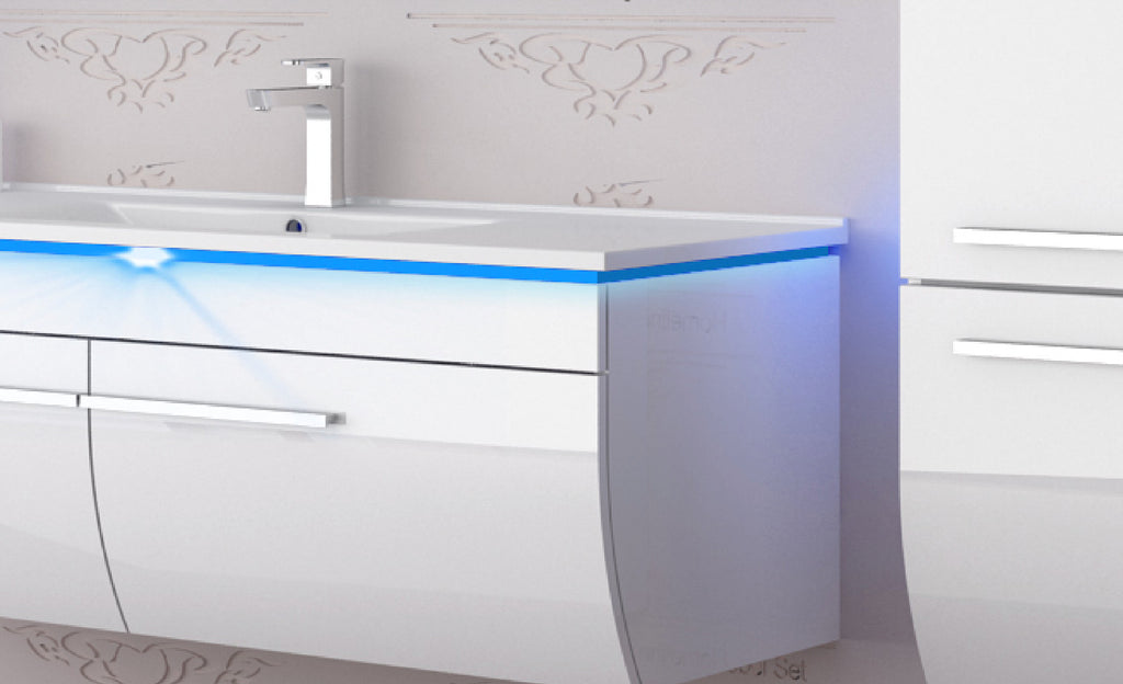Badmöbel Set Badezimmer schränke Waschbecken Spiegel Weiß LED  Badmöbel Set 120