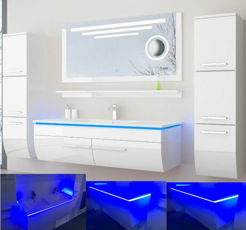 Badmöbel Set schwarz oder weiss hochglanz Kosmetik Badezimmermöbel 180 cm LEDUhr
