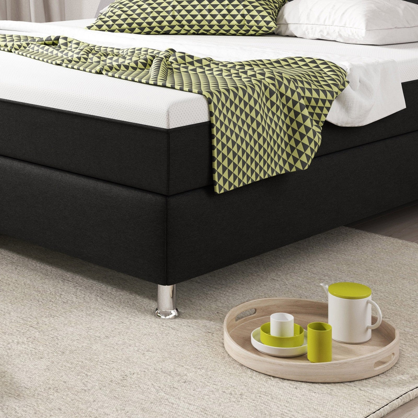 Boxspringbett Bett 180x200 cm  Doppelbett  Webstoff Schwarz Topper  Schlafzimmer