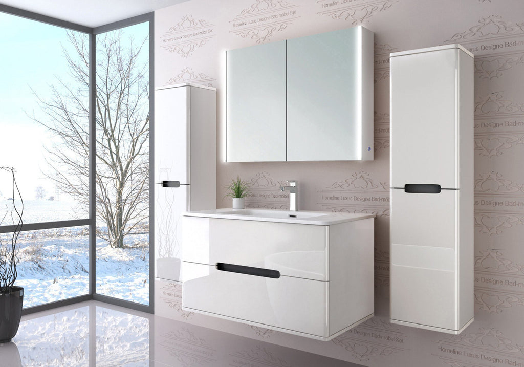 Badmöbel set Badezimmermöbe Hochglanz Spiegelschrank Keramik  Schwarz / Weiß / E