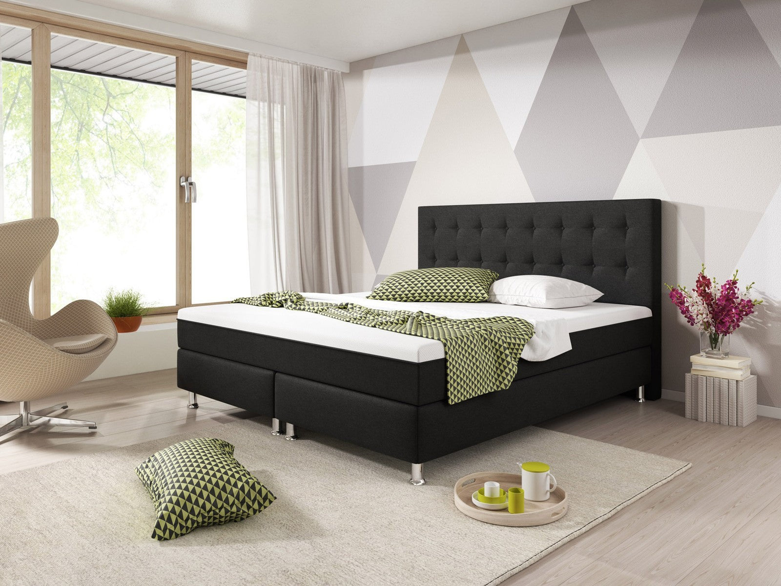 Boxspringbett Bett 180x200 cm  Doppelbett  Webstoff Schwarz Topper  Schlafzimmer