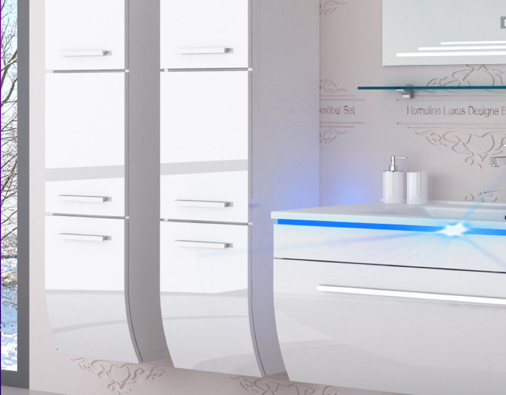 Badmöbel Set Badezimmer schränke Waschbecken Spiegel Weiß LED  Badmöbel Set 90
