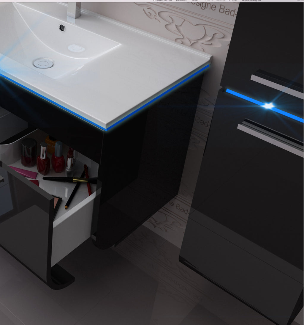 Badmöbel Set montiert Weiss oder Schwarz Hochglanz Badezimmermöbel 90 cm Led Sym