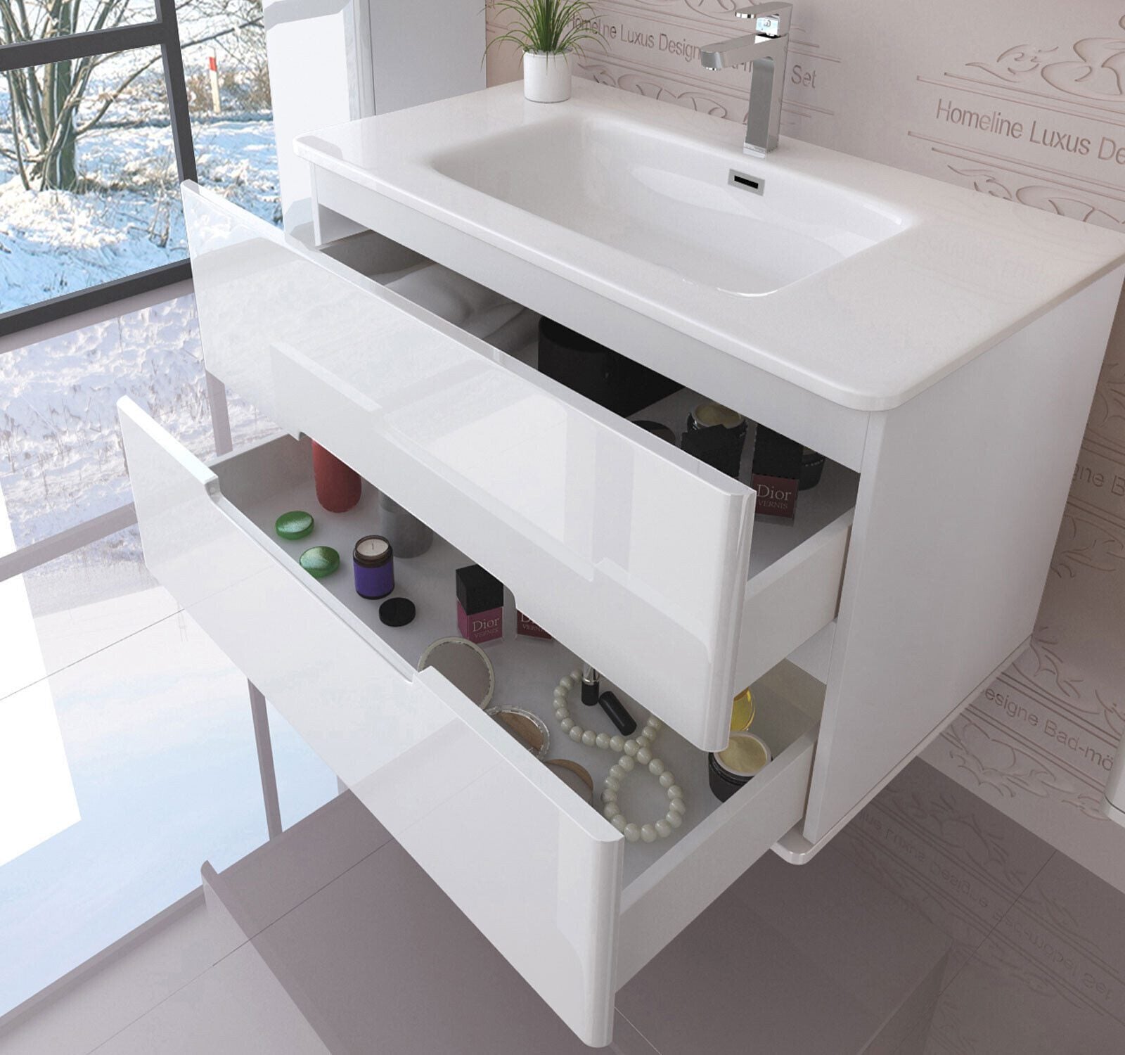 Badmöbel set mit waschbecken und spiegelschrank Hochglanz mit Keramik Becken 90