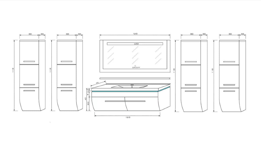 Badmöbel Set Weiss 240 cm Hochglanz Waschbecken Spiegel Komplett Bad Led System.