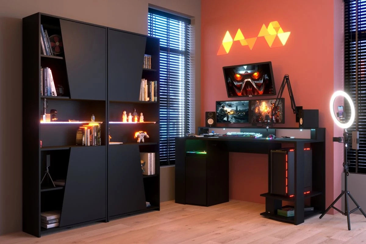 Gaming Set"Gaming1"in schwarz Gaming Schreibtisch und 2x Schrank,LED Beleuchtung