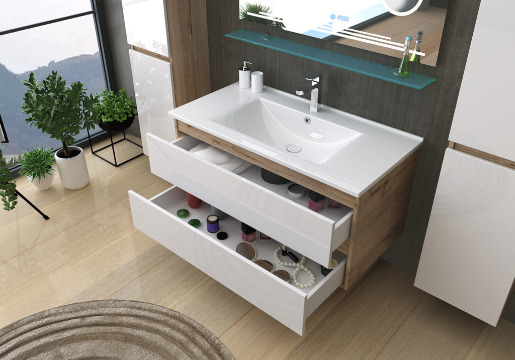 Badmöbel Set Eiche Weiß Badezimmermöbel Waschtisch Kosmetik Spiegel 60 90 120 cm