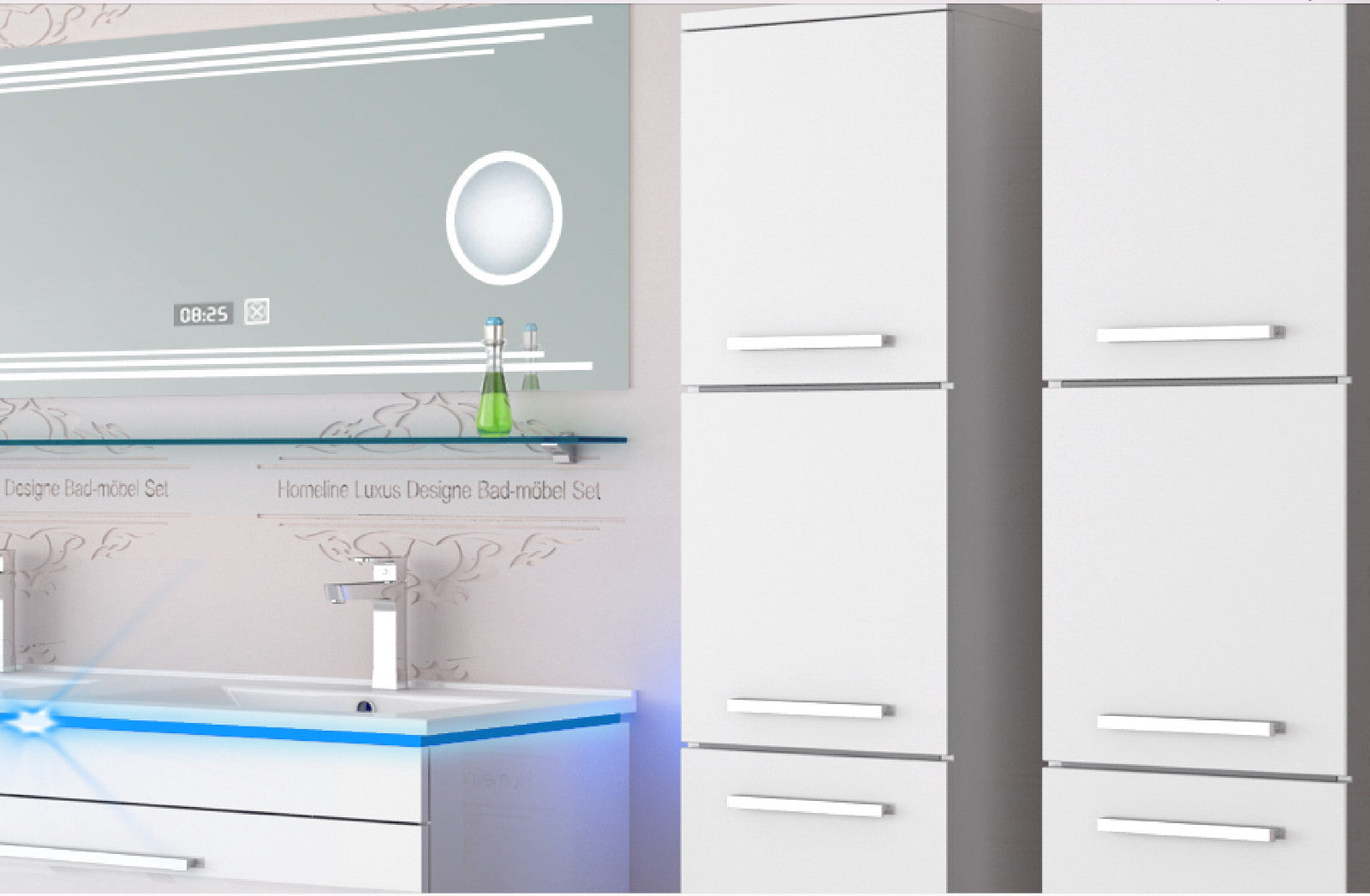 Doppelwaschtisch Doppelwaschbecken Waschbecken 240 cm Weiß LED  Badmöbel Set 120