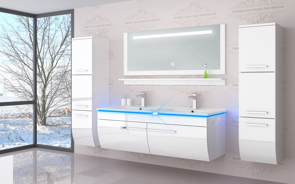 Badmöbel set hochglanz Weiß Doppelwaschtisch montiert   Touch Led System 120 cm