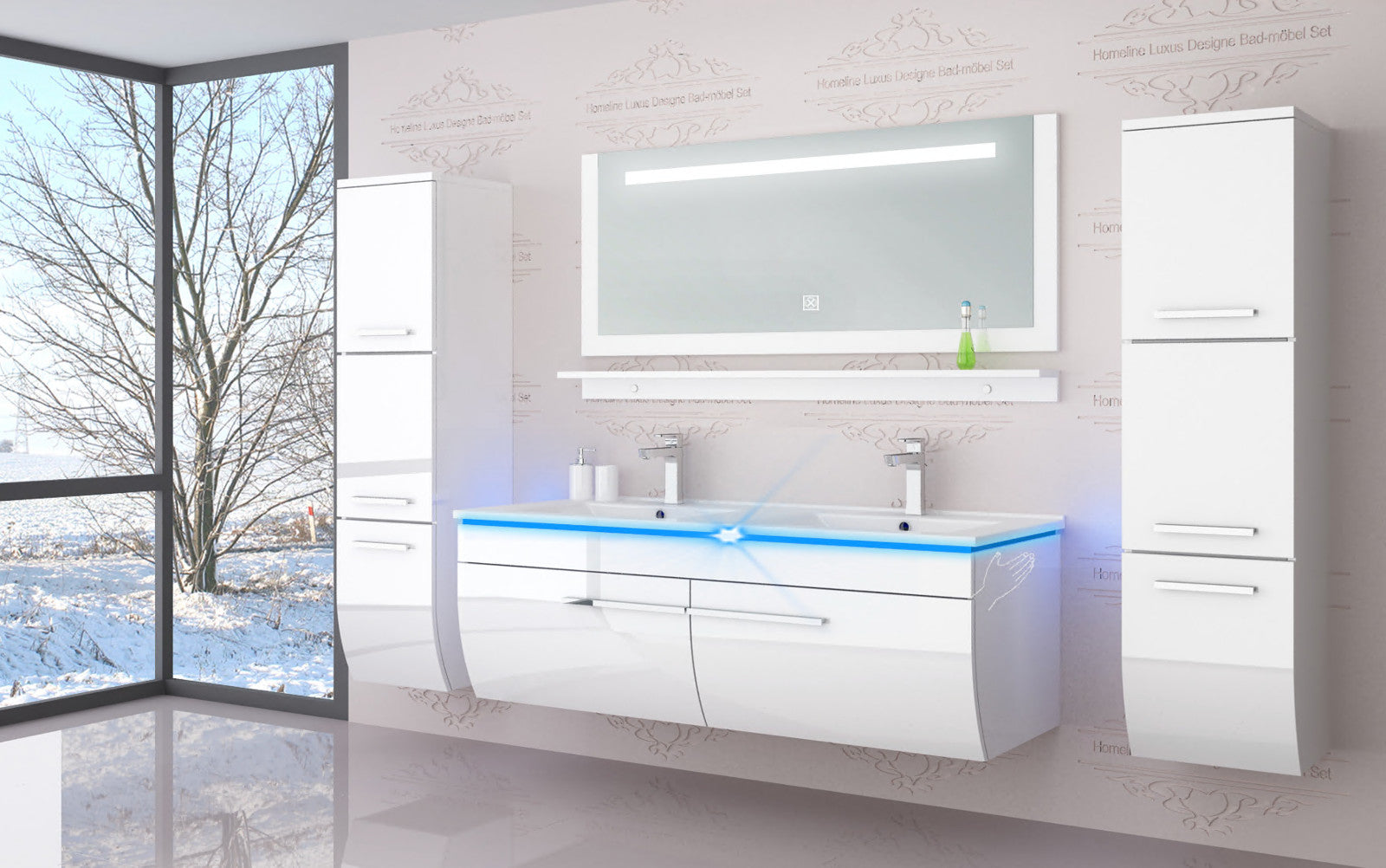 Badmöbel set hochglanz Weiß Doppelwaschtisch montiert   Touch Led System 120 cm