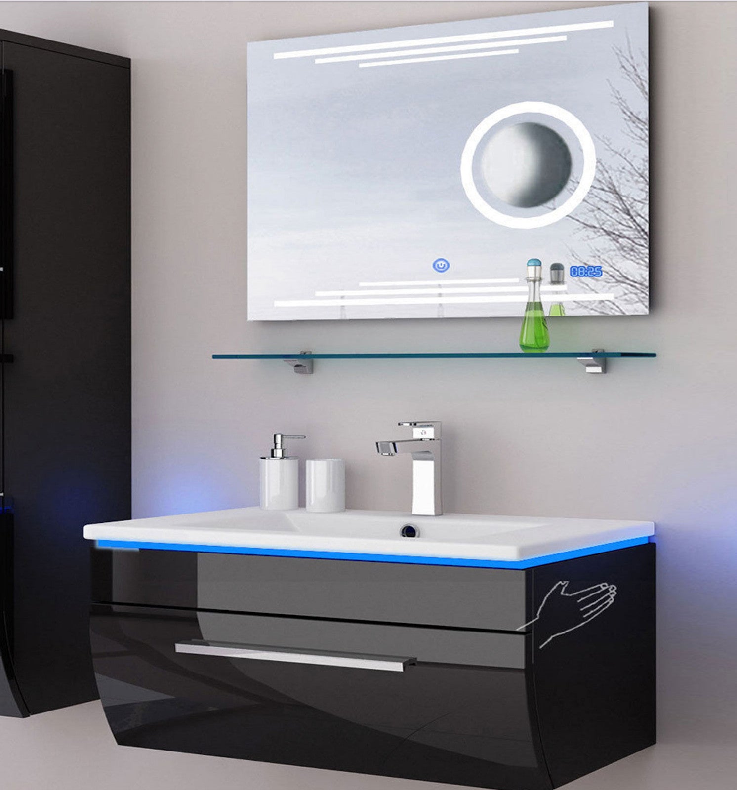 Badmöbel Set Badezimmerset Badmöbel weiß schwarz Hochglanz montiert LED Kosmetik