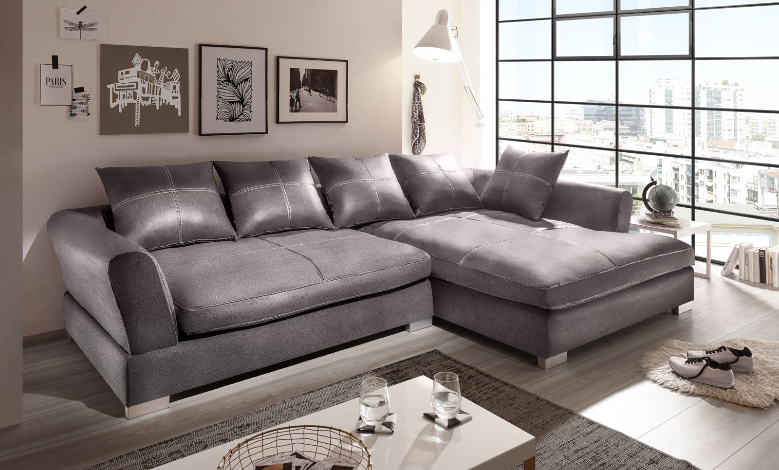 Design Couchgarnitur Grau Sofa K-Leder Eck Sofa Wohnlandschaft Megasofa   Rechts