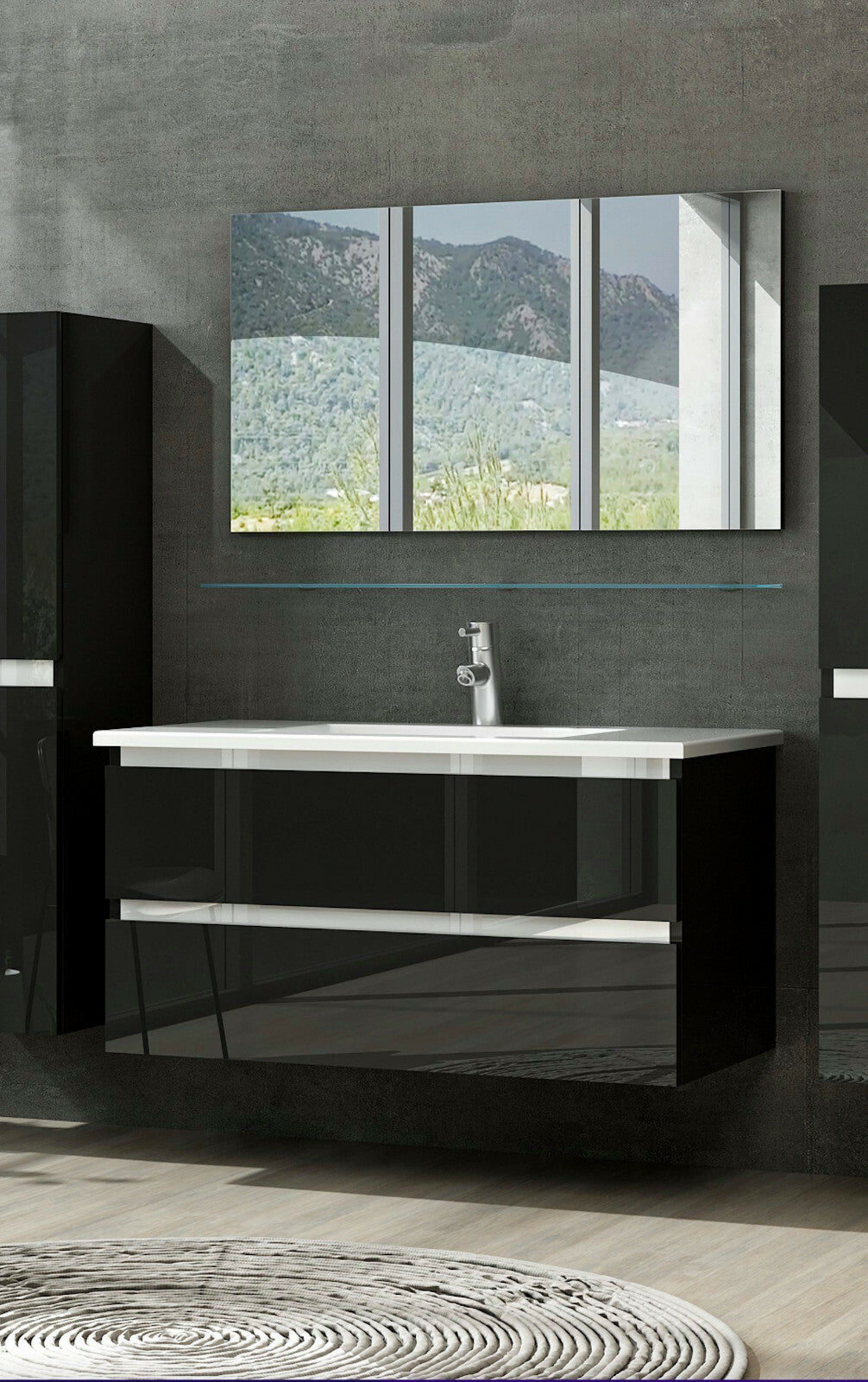 Badmöbel Set montiert Schwarz Hochglanz Badezimmermöbel 60 cm bis 8tlg Bad Möbel