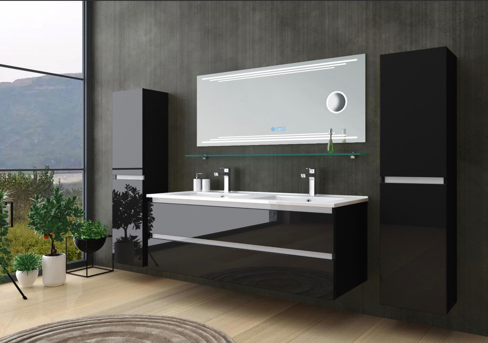 Badmöbel Set Schwarz doppelwaschtisch doppelwaschbecken Kosmetik Spiegel 120 cm