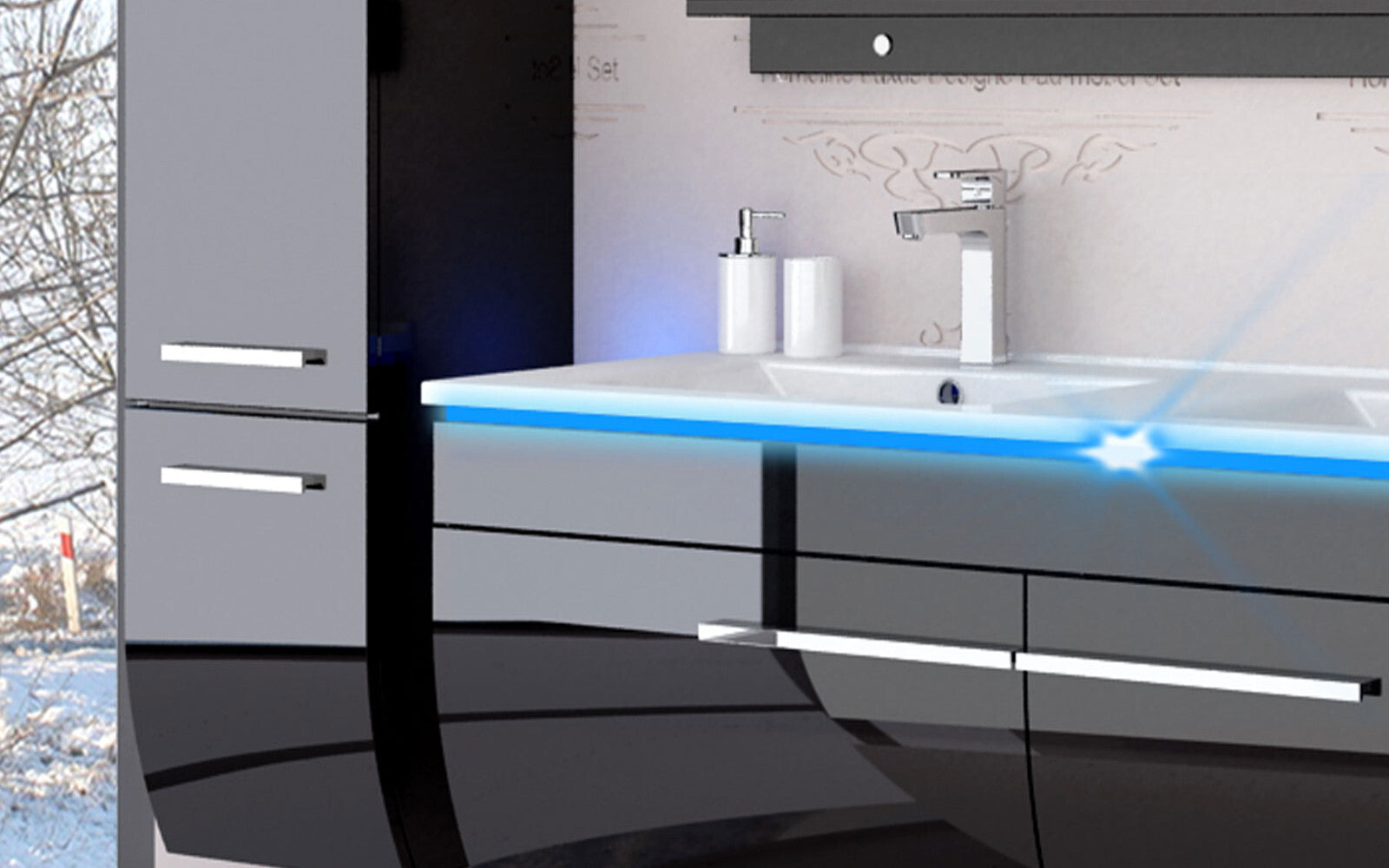 Badmöbel set hochglanz Schwarz Doppelwaschtisch montiert Touch Led System 120 cm