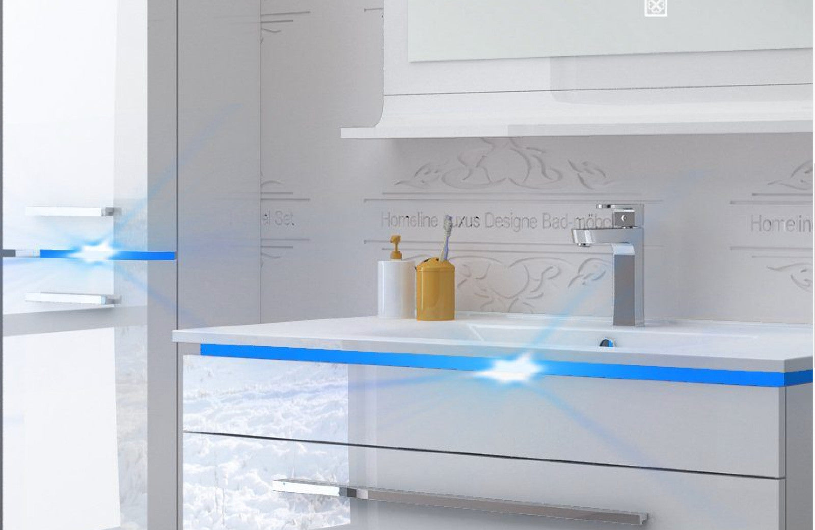 Badmöbel Set montiert Weiss oder Schwarz Hochglanz Badezimmermöbel 90 cm Led Sym