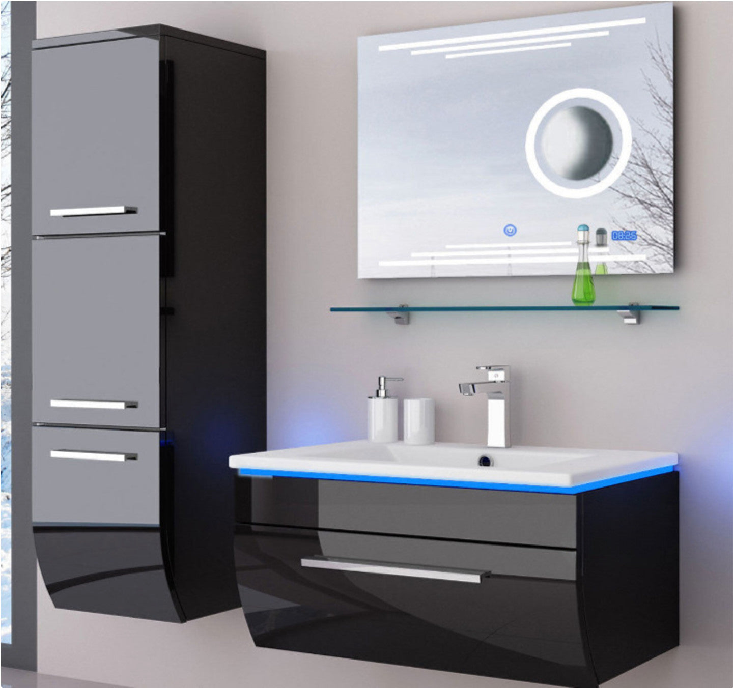 Badmöbel Set Badezimmerset Badmöbel weiß schwarz Hochglanz montiert 70 Kosmetik