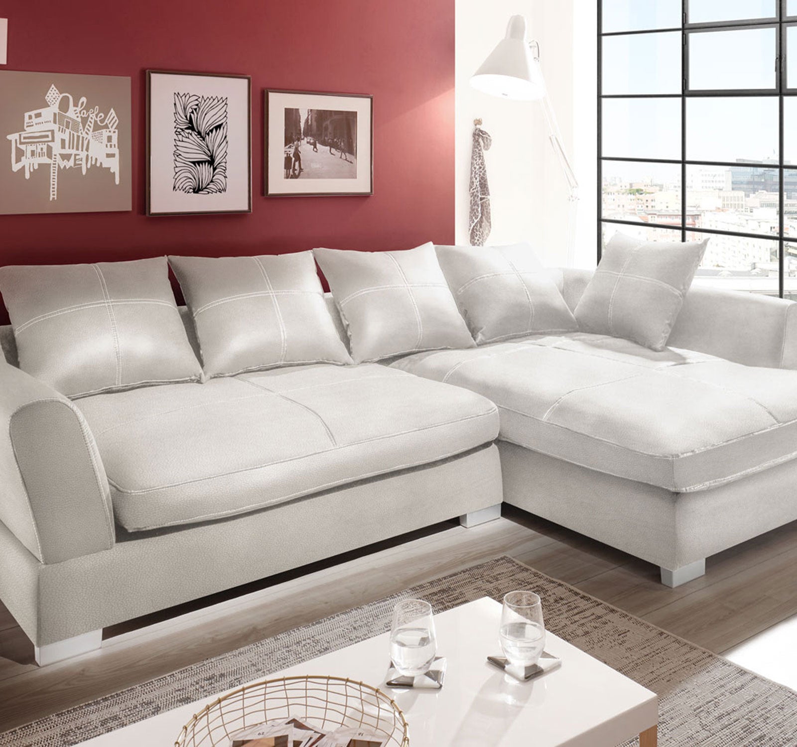 Design Couchgarnitur Weiss Sofa K-Leder Eck Sofa Wohnlandschaft Megasofa Rechts