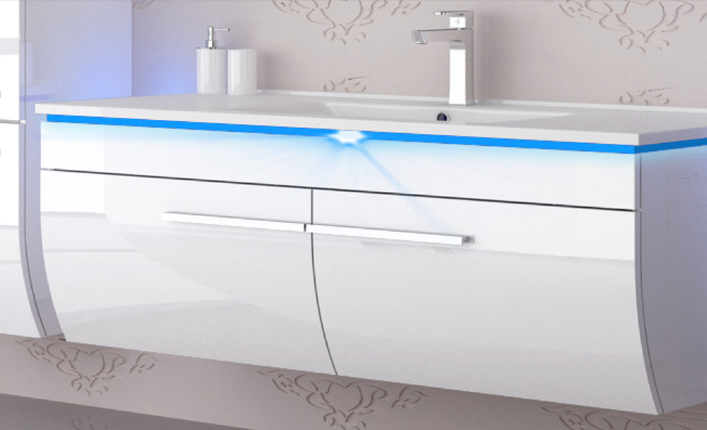 Badmöbel Set Weiss 240 cm Hochglanz Waschbecken Spiegel Komplett Bad Led System.