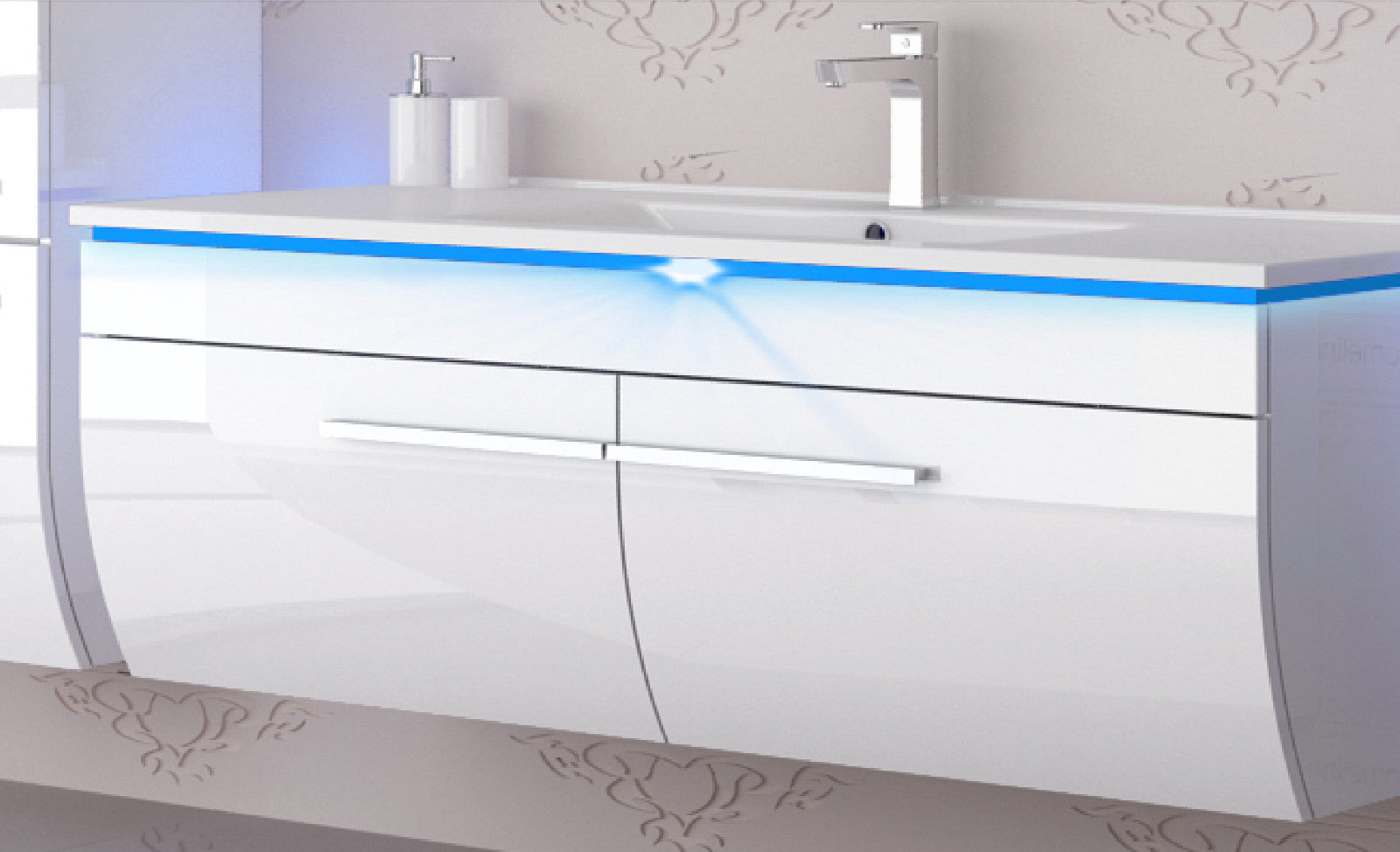 Badmöbel Set Weiss 240 cm Hochglanz Waschbecken Spiegel Komplett Bad Led System.