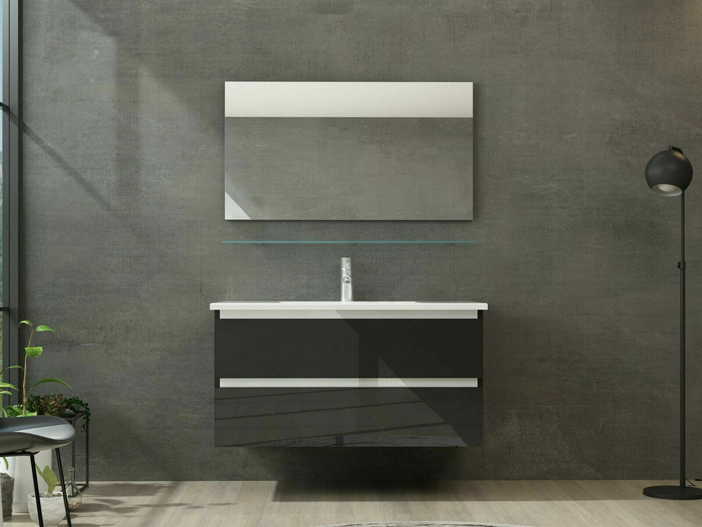 Badmöbel Set Schwarz 4TLG Unterschrank Keramik Spiegel Badezimmermöbel 90 cm bad