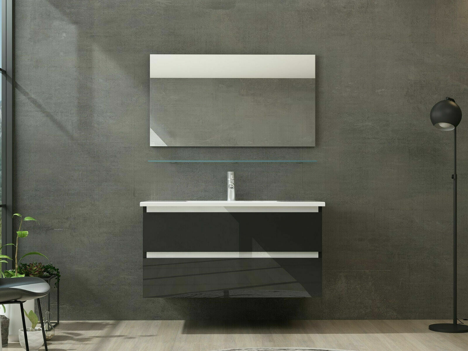 Badmöbel Set Schwarz 4TLG Unterschrank Keramik Spiegel Badezimmermöbel 90 cm bad