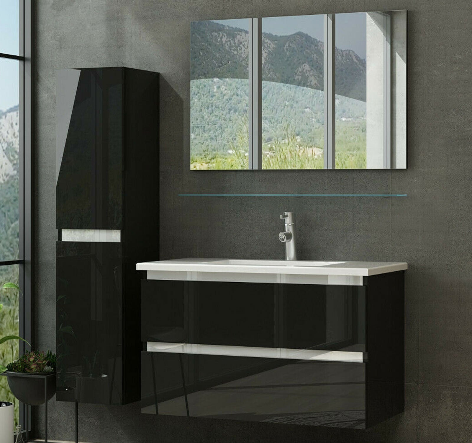 90 Badmöbel Set Komplett Hochglanz Badezimmermöbel 5 Tlg Bad  Schwarz 90 cm bad