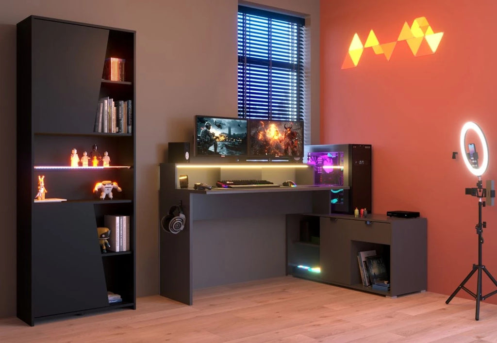 Gaming Set"Work"in schwarz und grau Gamingtisch und Schrank inkl.LED Farbwechsel