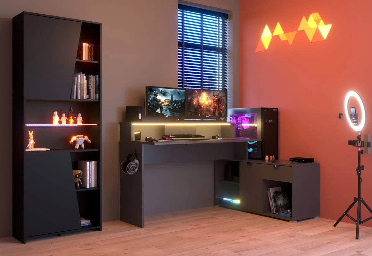 Gaming Set"Work"in schwarz und grau Gamingtisch und Schrank inkl.LED Farbwechsel
